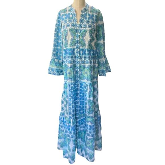 HALE BOB Long cotton pin tuck  Blue and Green Patterned Maxi Dress Size SMALL - Picture 2 of 10